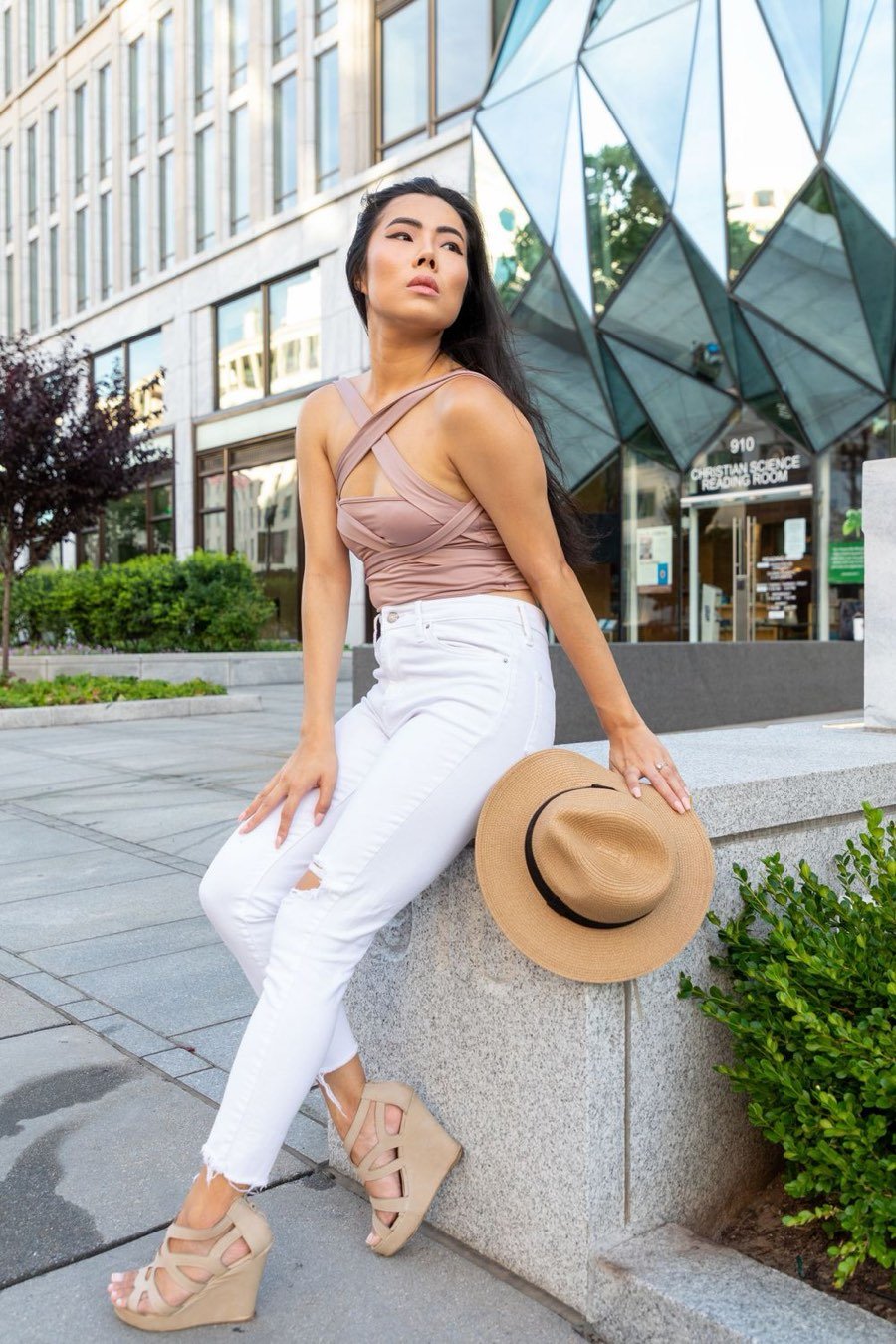 Seated on a ledge